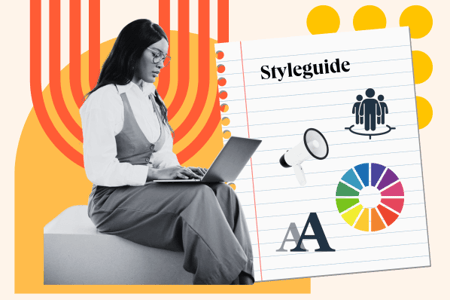 Mitarbeiterin erstellt Styleguide mit Hilfe einer Vorlage am Laptop