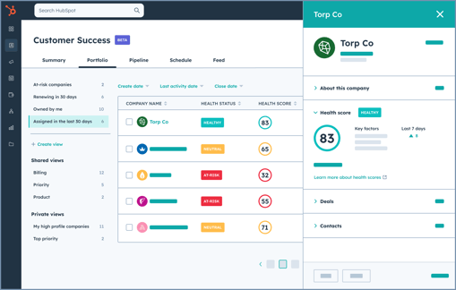 HubSpot UI showing the customer success workspace with their health status, health score, and more.